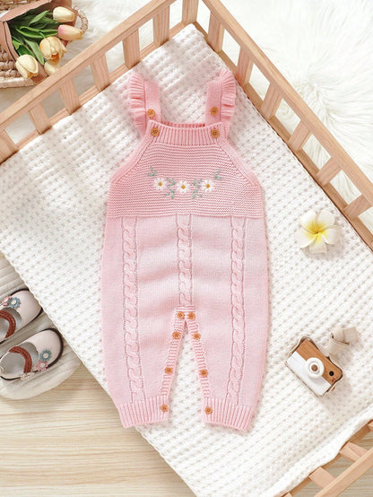 1pc Ruffle Trimmed Jumpsuit For Girls,Embroidered White Pink Floral Baby Knit,Cute Autumn Winter Clothes,Matching Family Sweaters Set Photoshoot