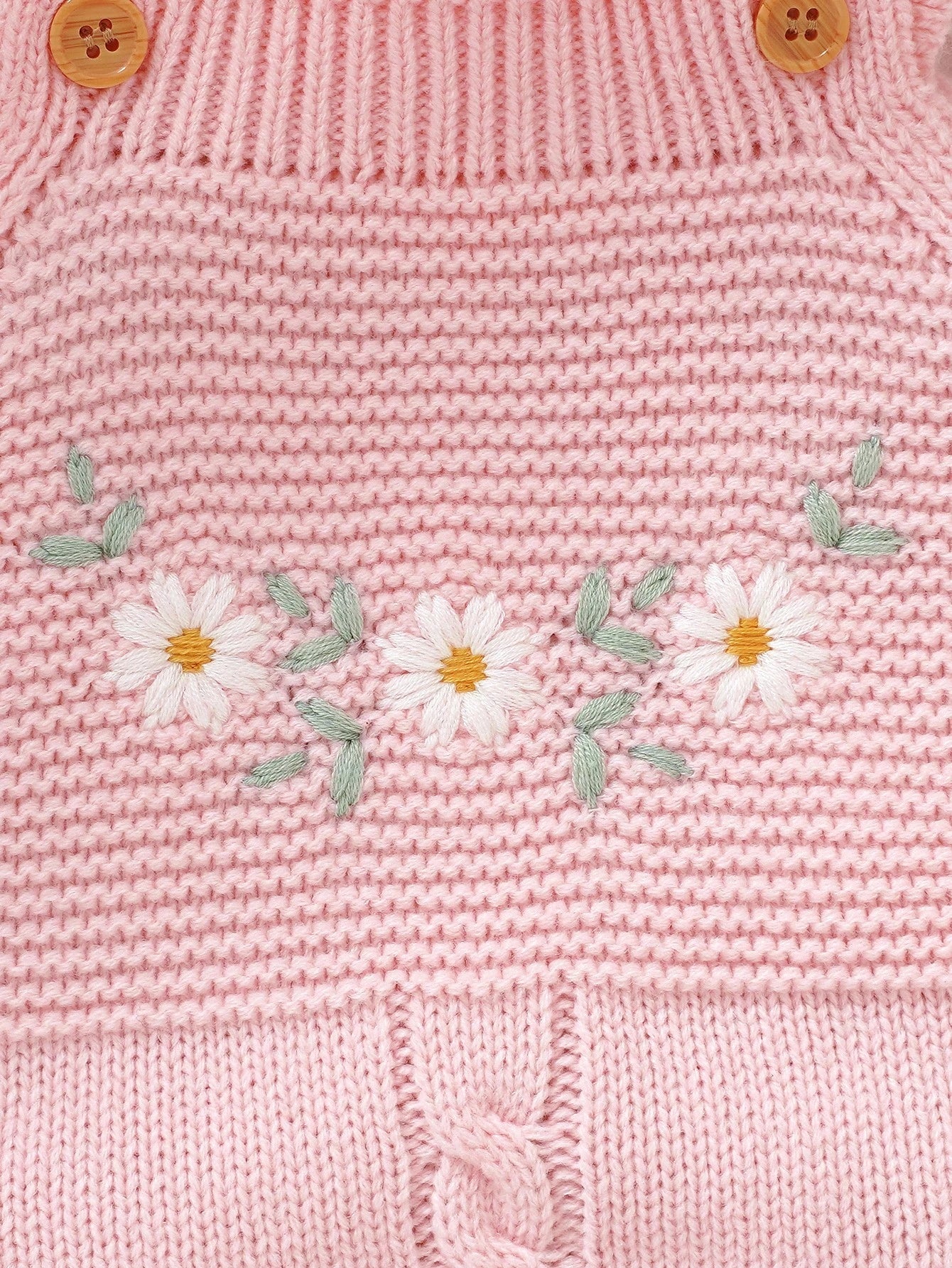 1pc Ruffle Trimmed Jumpsuit For Girls,Embroidered White Pink Floral Baby Knit,Cute Autumn Winter Clothes,Matching Family Sweaters Set Photoshoot