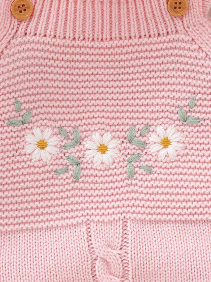 1pc Ruffle Trimmed Jumpsuit For Girls,Embroidered White Pink Floral Baby Knit,Cute Autumn Winter Clothes,Matching Family Sweaters Set Photoshoot
