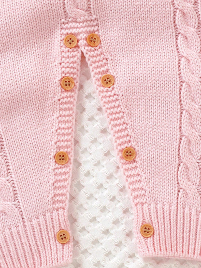 1pc Ruffle Trimmed Jumpsuit For Girls,Embroidered White Pink Floral Baby Knit,Cute Autumn Winter Clothes,Matching Family Sweaters Set Photoshoot