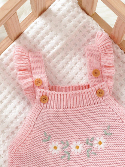 1pc Ruffle Trimmed Jumpsuit For Girls,Embroidered White Pink Floral Baby Knit,Cute Autumn Winter Clothes,Matching Family Sweaters Set Photoshoot