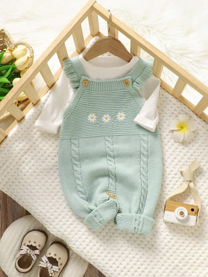 1pc Ruffle Trimmed Jumpsuit For Girls,Embroidered White Pink Floral Baby Knit,Cute Autumn Winter Clothes,Matching Family Sweaters Set Photoshoot