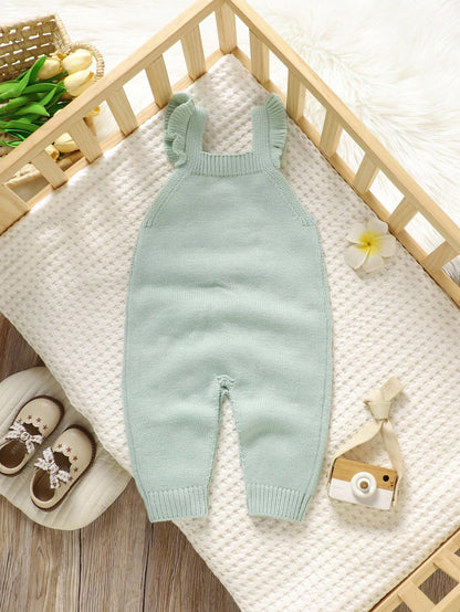 1pc Ruffle Trimmed Jumpsuit For Girls,Embroidered White Pink Floral Baby Knit,Cute Autumn Winter Clothes,Matching Family Sweaters Set Photoshoot
