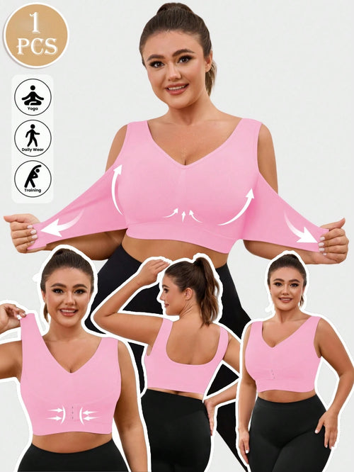 1pc Seamless Wireless Front Closure Adjustable Supportive Yoga Sleep Bra, Comfortable Pullover Sports Bra For Plus Size Women Pink Spring