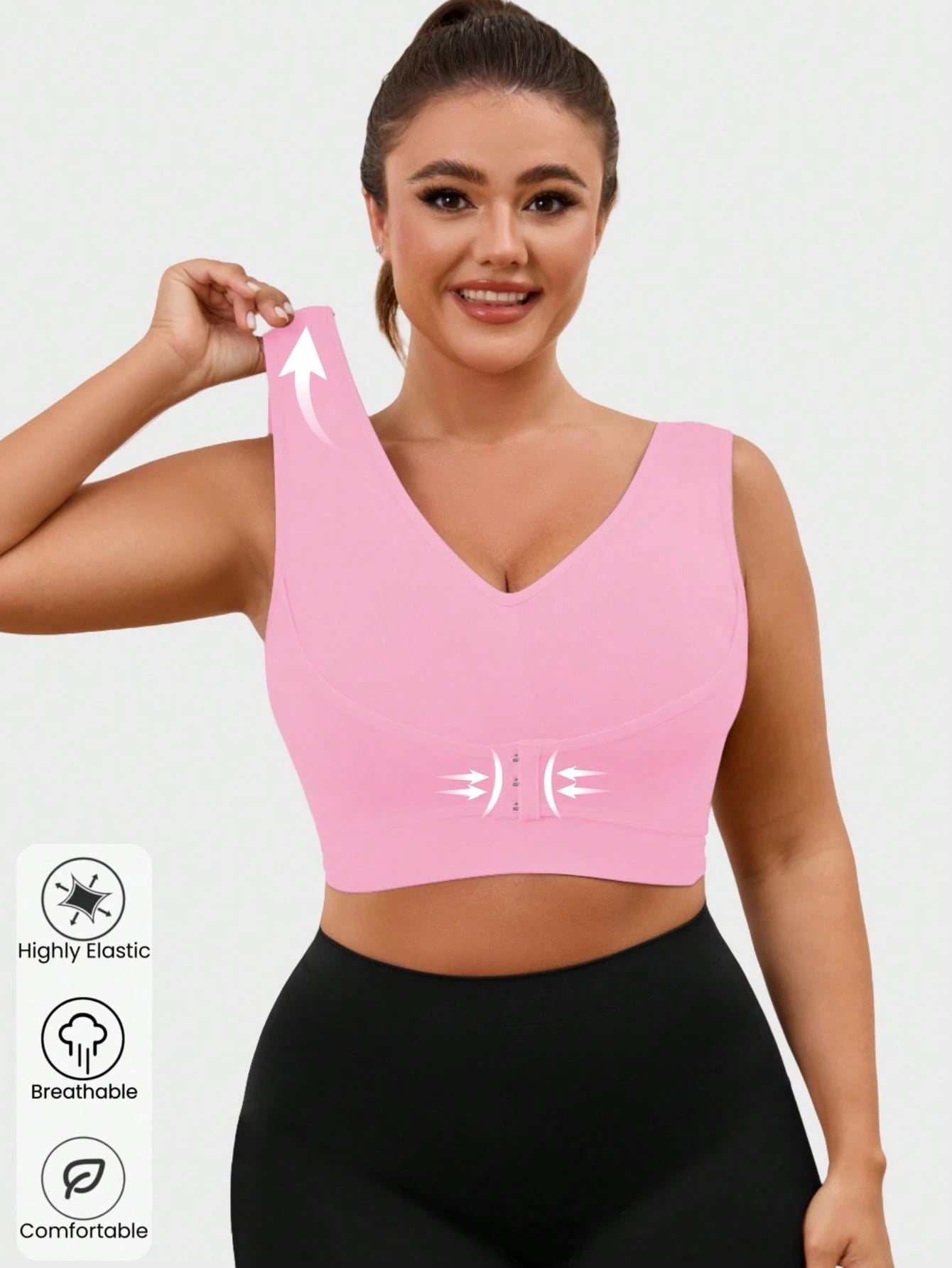 1pc Seamless Wireless Front Closure Adjustable Supportive Yoga Sleep Bra, Comfortable Pullover Sports Bra For Plus Size Women Pink Spring