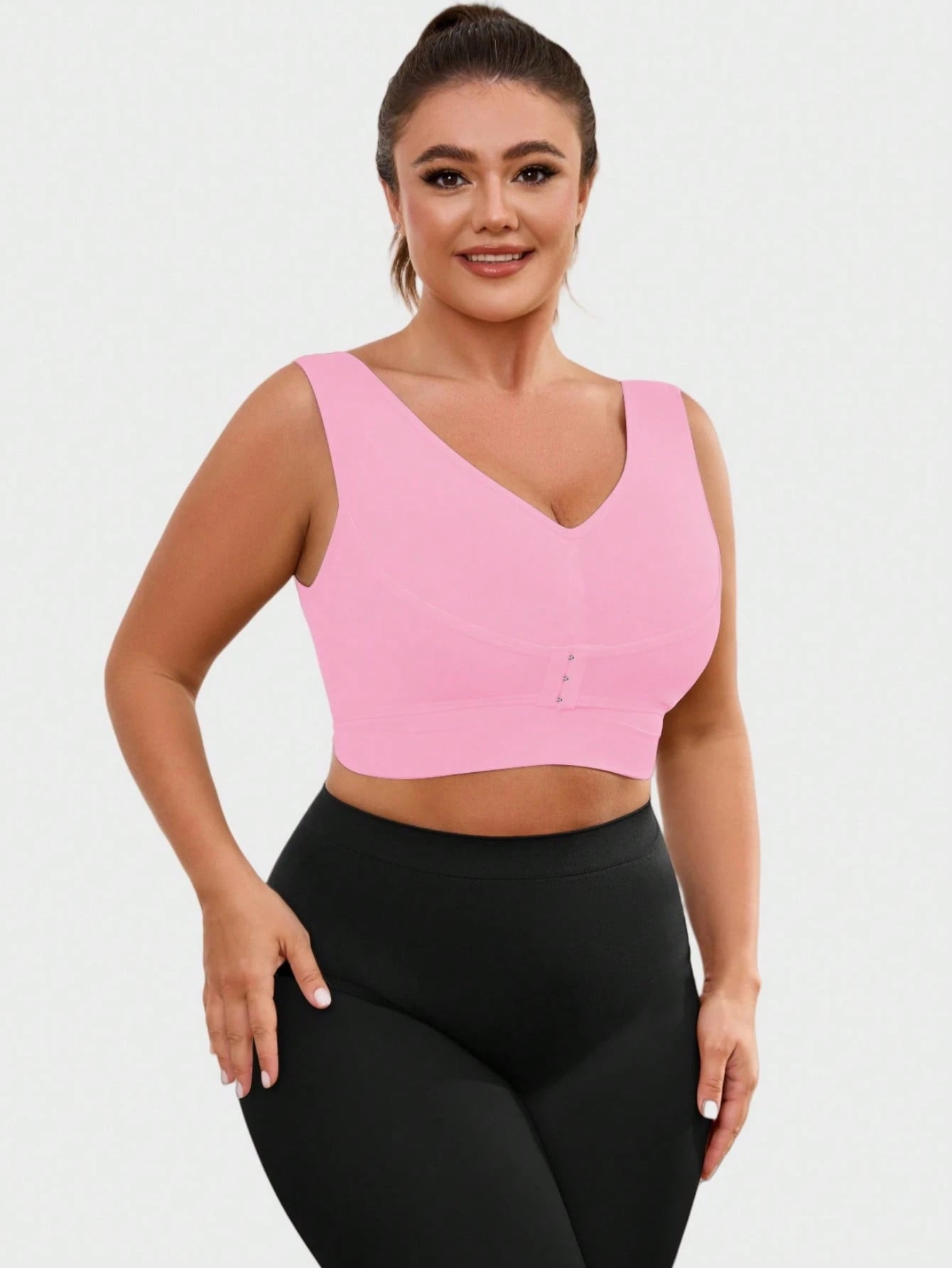 1pc Seamless Wireless Front Closure Adjustable Supportive Yoga Sleep Bra, Comfortable Pullover Sports Bra For Plus Size Women Pink Spring