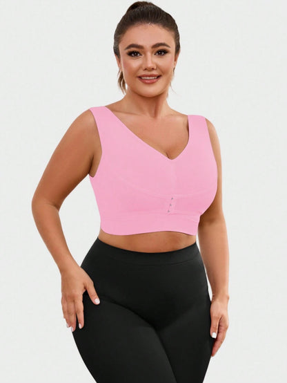 1pc Seamless Wireless Front Closure Adjustable Supportive Yoga Sleep Bra, Comfortable Pullover Sports Bra For Plus Size Women Pink Spring