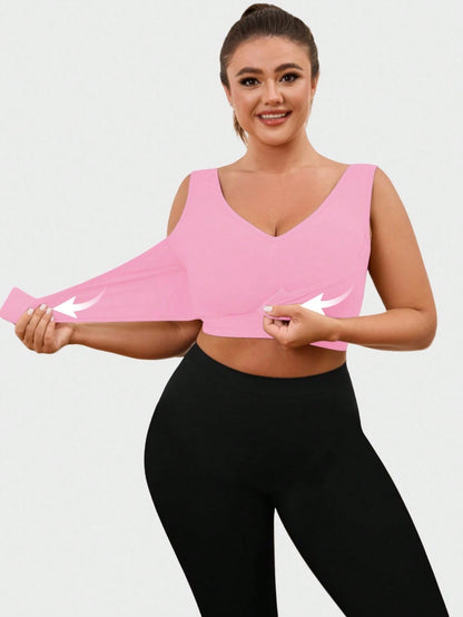 1pc Seamless Wireless Front Closure Adjustable Supportive Yoga Sleep Bra, Comfortable Pullover Sports Bra For Plus Size Women Pink Spring