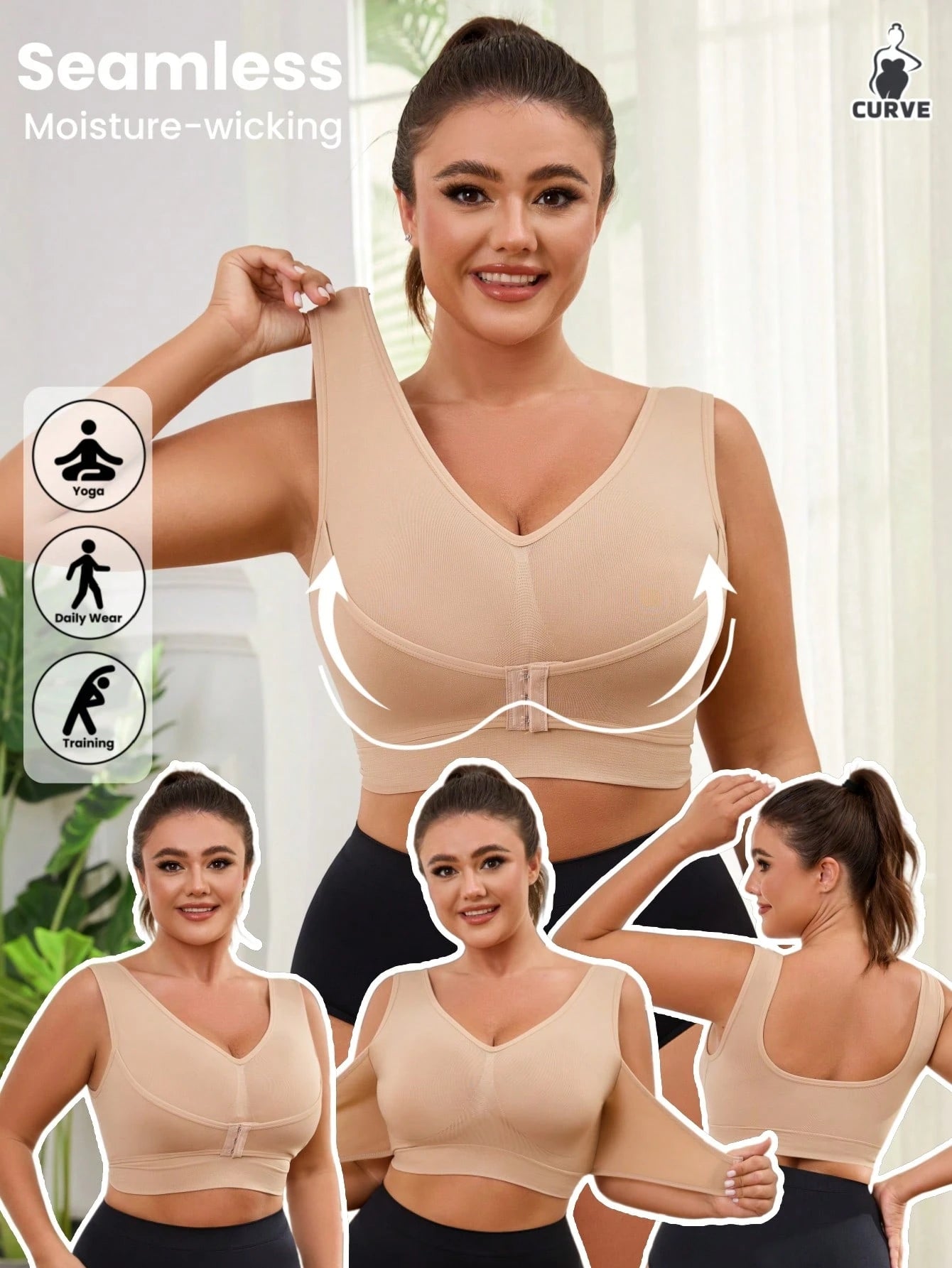 1pc Seamless Wireless Front Closure Adjustable Supportive Yoga Sleep Bra, Comfortable Pullover Sports Bra For Plus Size Women Pink Spring