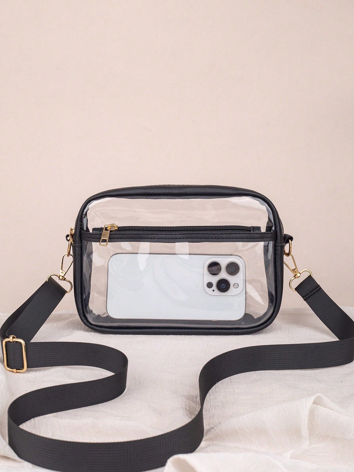 1pc See-Through Crossbody Bag, Can Hold Daily Essentials, Black Trimmed See-Through Organizer Pouch, Lightweight & Fashionable, Suitable For Storing Cosmetics, Glasses And Other Items