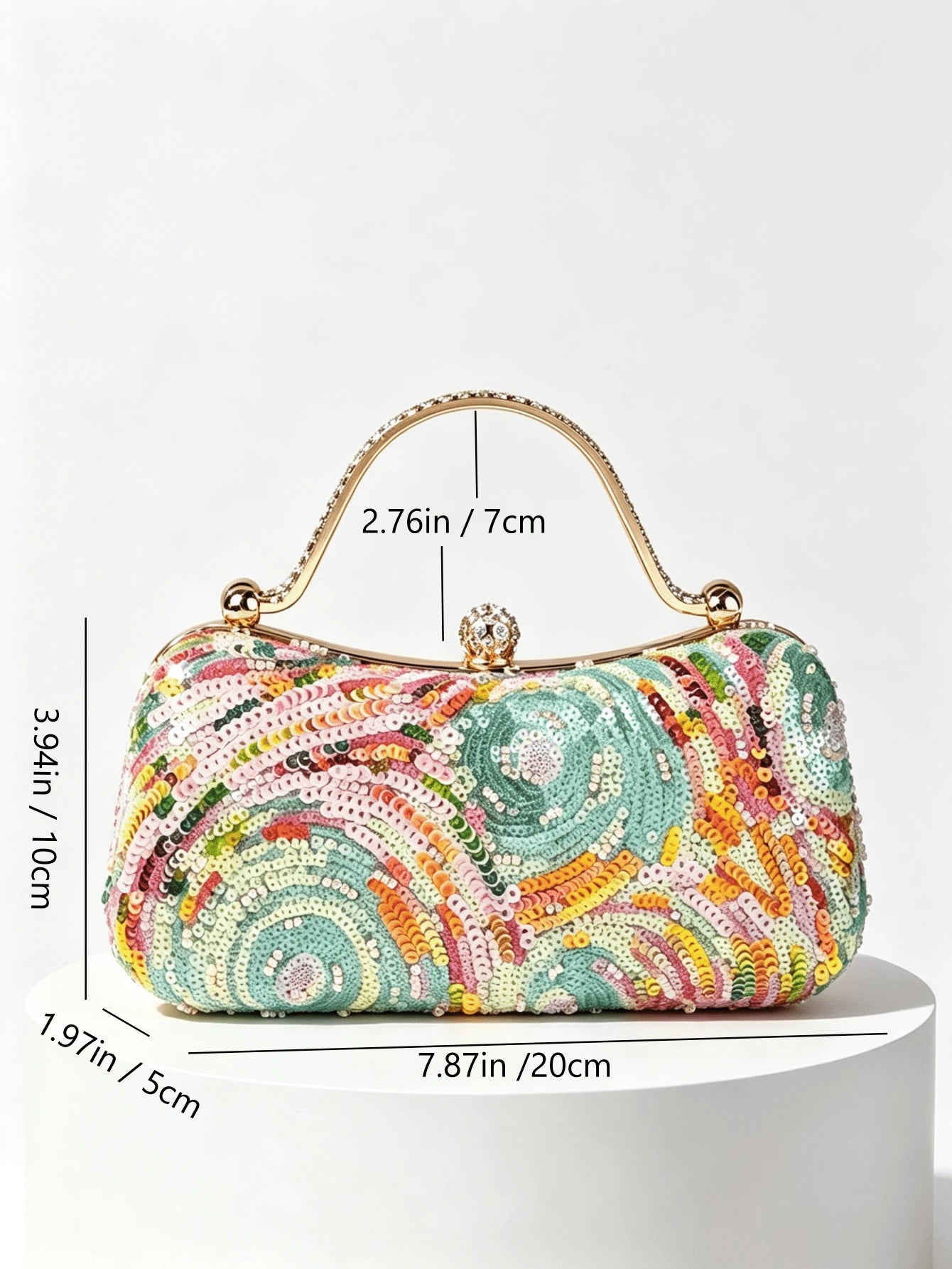 1pc Sequin Evening Clutch Bag With Rhinestone Metal Handle, Vintage Formal Small Purse For Party And Banquet, Crossbody Chain Bag