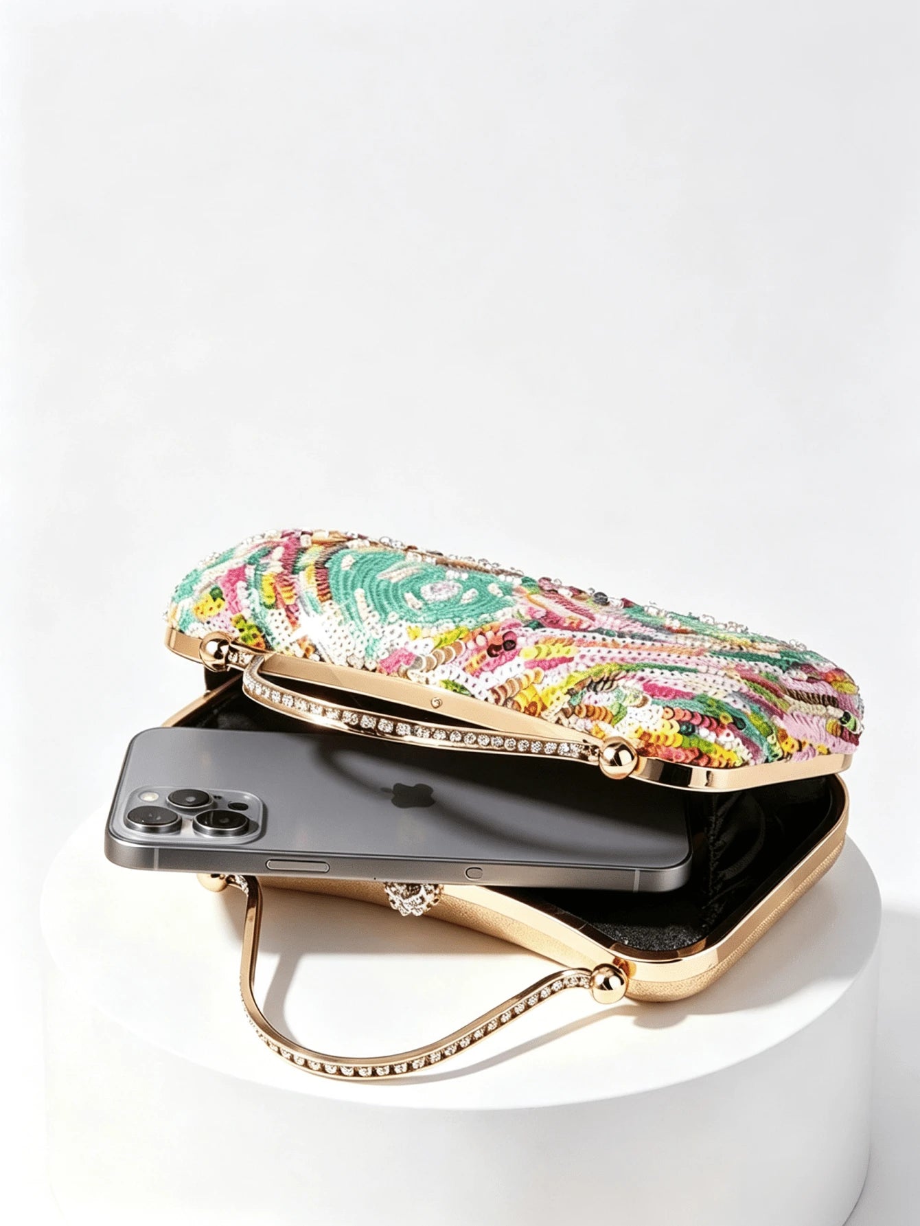 1pc Sequin Evening Clutch Bag With Rhinestone Metal Handle, Vintage Formal Small Purse For Party And Banquet, Crossbody Chain Bag