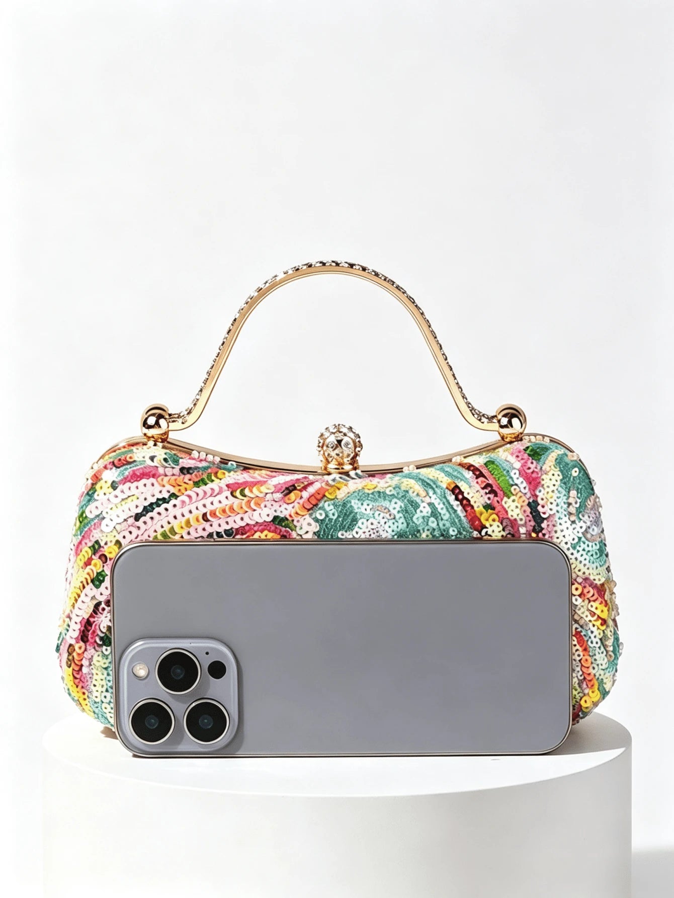 1pc Sequin Evening Clutch Bag With Rhinestone Metal Handle, Vintage Formal Small Purse For Party And Banquet, Crossbody Chain Bag