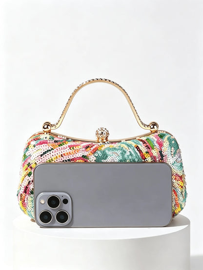 1pc Sequin Evening Clutch Bag With Rhinestone Metal Handle, Vintage Formal Small Purse For Party And Banquet, Crossbody Chain Bag