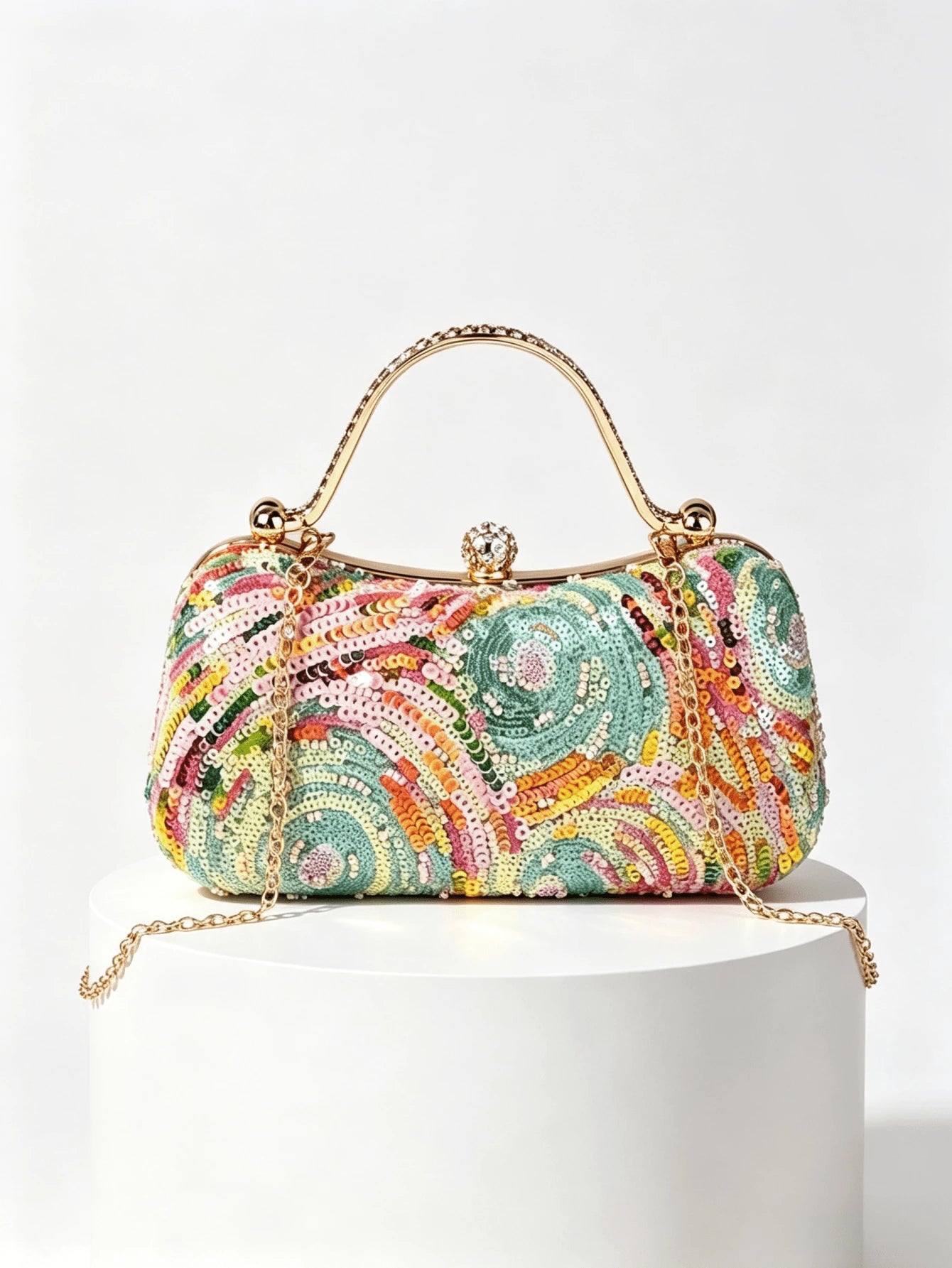 1pc Sequin Evening Clutch Bag With Rhinestone Metal Handle, Vintage Formal Small Purse For Party And Banquet, Crossbody Chain Bag