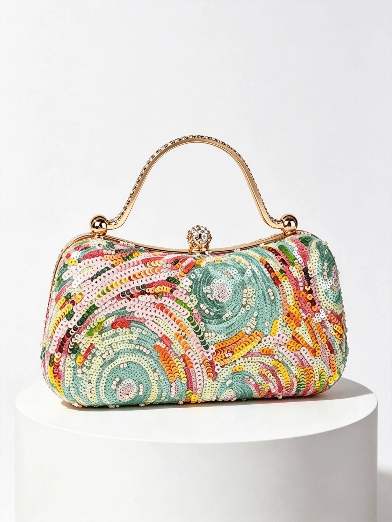 1pc Sequin Evening Clutch Bag With Rhinestone Metal Handle, Vintage Formal Small Purse For Party And Banquet, Crossbody Chain Bag