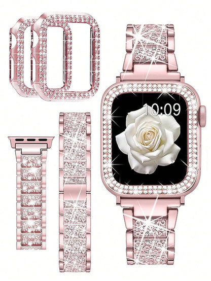 1pc/Set Compatible With Apple Watch Band Pink + Compatible With Apple Watch Case Women's Jewelry Shiny Diamond Metal Band And Protective Case Compatible With Apple Series Ultra SE 10/9/8/7/6 5/4/3/2/1