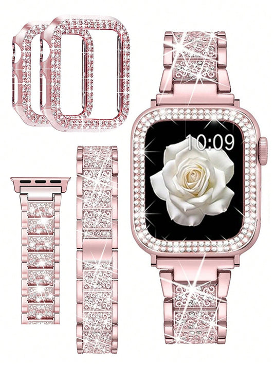 1pc/Set Compatible With Apple Watch Band Pink + Compatible With Apple Watch Case Women's Jewelry Shiny Diamond Metal Band And Protective Case Compatible With Apple Series Ultra SE 10/9/8/7/6 5/4/3/2/1