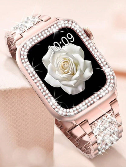 1pc/Set Compatible With Apple Watch Band Pink + Compatible With Apple Watch Case Women's Jewelry Shiny Diamond Metal Band And Protective Case Compatible With Apple Series Ultra SE 10/9/8/7/6 5/4/3/2/1