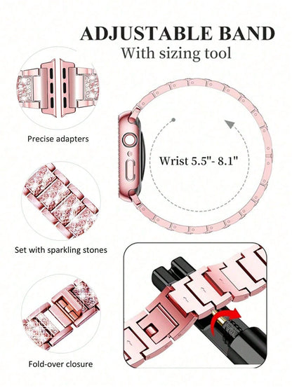 1pc/Set Compatible With Apple Watch Band Pink + Compatible With Apple Watch Case Women's Jewelry Shiny Diamond Metal Band And Protective Case Compatible With Apple Series Ultra SE 10/9/8/7/6 5/4/3/2/1