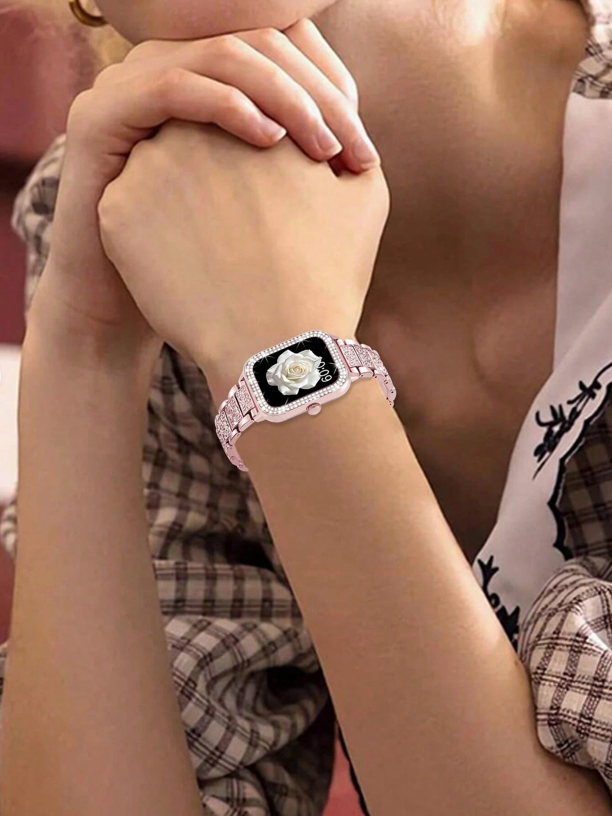 1pc/Set Compatible With Apple Watch Band Pink + Compatible With Apple Watch Case Women's Jewelry Shiny Diamond Metal Band And Protective Case Compatible With Apple Series Ultra SE 10/9/8/7/6 5/4/3/2/1