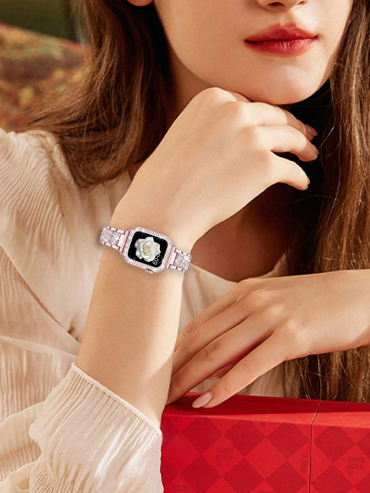 1pc/Set Compatible With Apple Watch Band Pink + Compatible With Apple Watch Case Women's Jewelry Shiny Diamond Metal Band And Protective Case Compatible With Apple Series Ultra SE 10/9/8/7/6 5/4/3/2/1
