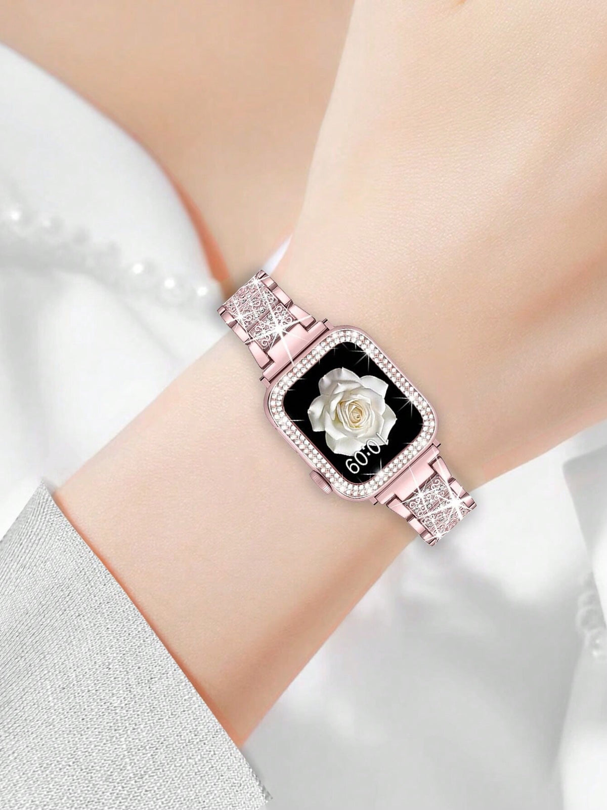 1pc/Set Compatible With Apple Watch Band Pink + Compatible With Apple Watch Case Women's Jewelry Shiny Diamond Metal Band And Protective Case Compatible With Apple Series Ultra SE 10/9/8/7/6 5/4/3/2/1