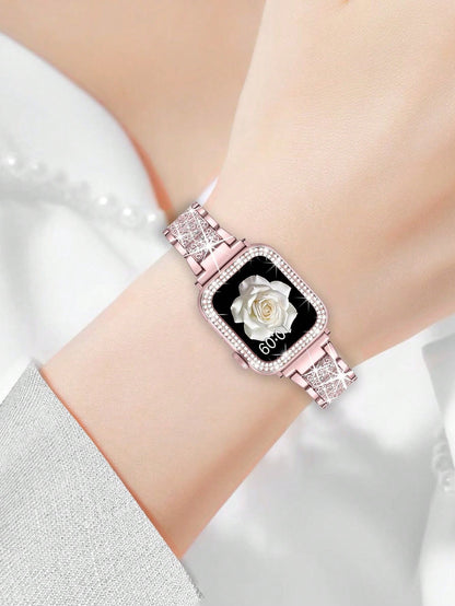 1pc/Set Compatible With Apple Watch Band Pink + Compatible With Apple Watch Case Women's Jewelry Shiny Diamond Metal Band And Protective Case Compatible With Apple Series Ultra SE 10/9/8/7/6 5/4/3/2/1