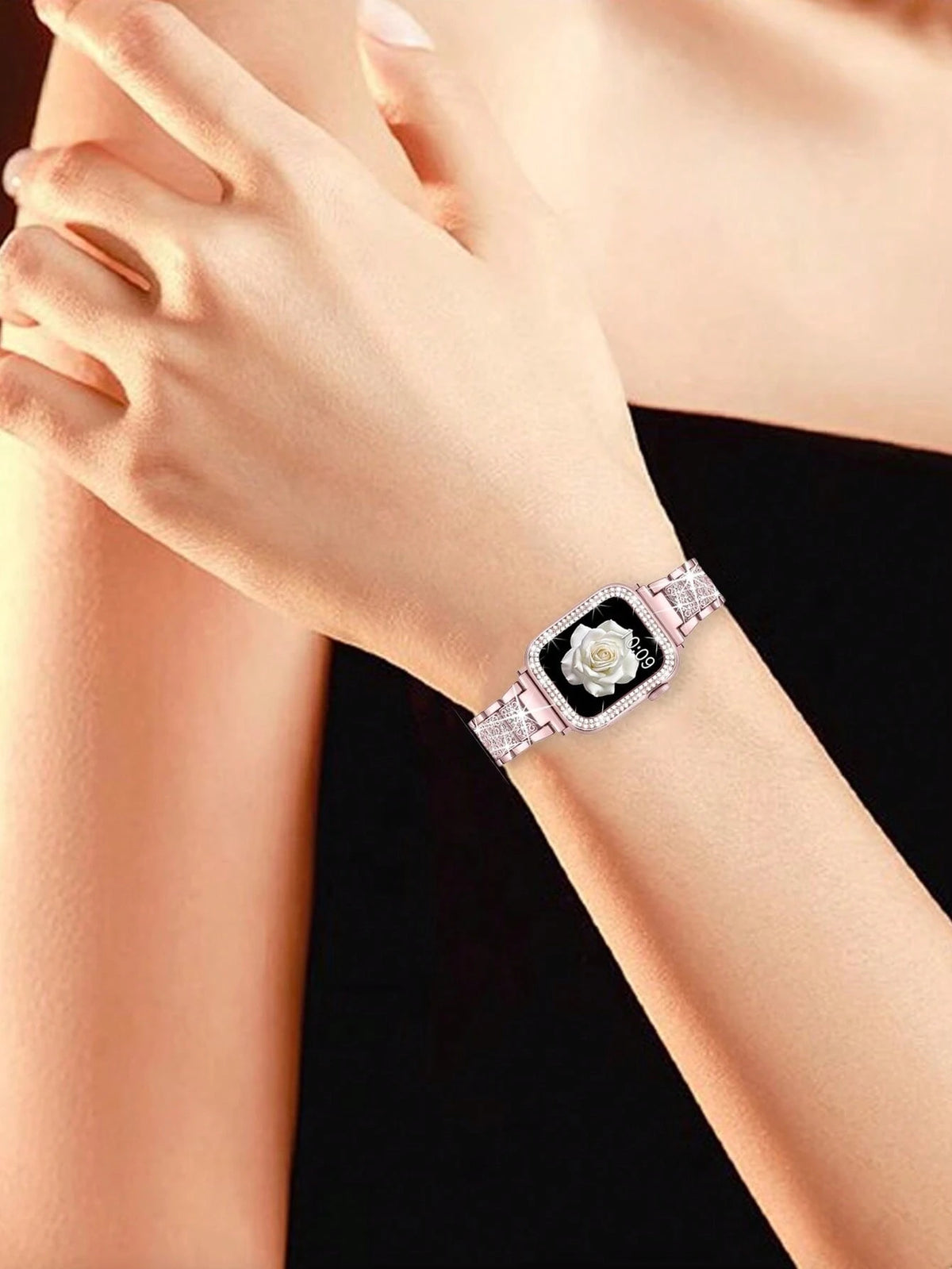 1pc/Set Compatible With Apple Watch Band Pink + Compatible With Apple Watch Case Women's Jewelry Shiny Diamond Metal Band And Protective Case Compatible With Apple Series Ultra SE 10/9/8/7/6 5/4/3/2/1