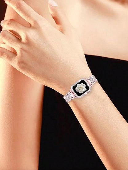 1pc/Set Compatible With Apple Watch Band Pink + Compatible With Apple Watch Case Women's Jewelry Shiny Diamond Metal Band And Protective Case Compatible With Apple Series Ultra SE 10/9/8/7/6 5/4/3/2/1
