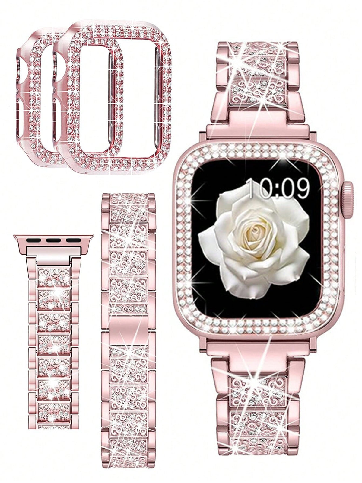 1pc/Set Compatible With Apple Watch Band Pink + Compatible With Apple Watch Case Women's Jewelry Shiny Diamond Metal Band And Protective Case Compatible With Apple Series Ultra SE 10/9/8/7/6 5/4/3/2/1