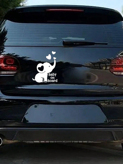 1pc Silver Reflective Baby On Board Car Sticker With Elephant And Heart Pattern, Window Glass Decorative Warning Decal For Baby Stroller