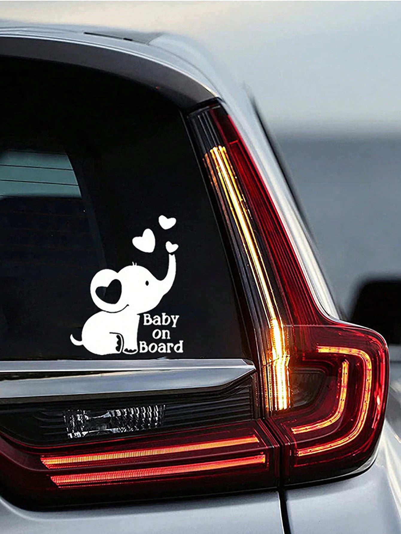 1pc Silver Reflective Baby On Board Car Sticker With Elephant And Heart Pattern, Window Glass Decorative Warning Decal For Baby Stroller