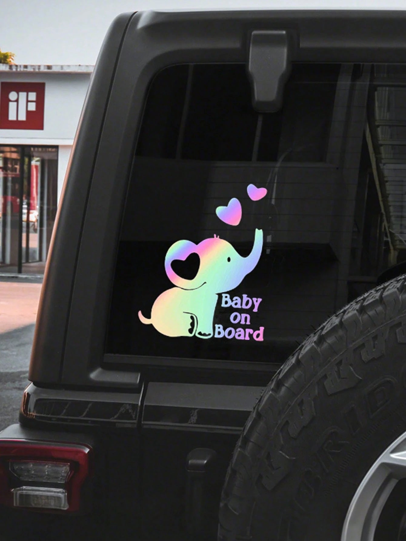 1pc Silver Reflective Baby On Board Car Sticker With Elephant And Heart Pattern, Window Glass Decorative Warning Decal For Baby Stroller