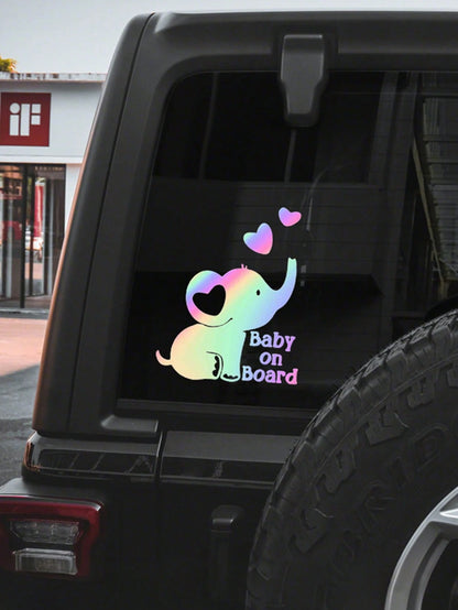 1pc Silver Reflective Baby On Board Car Sticker With Elephant And Heart Pattern, Window Glass Decorative Warning Decal For Baby Stroller