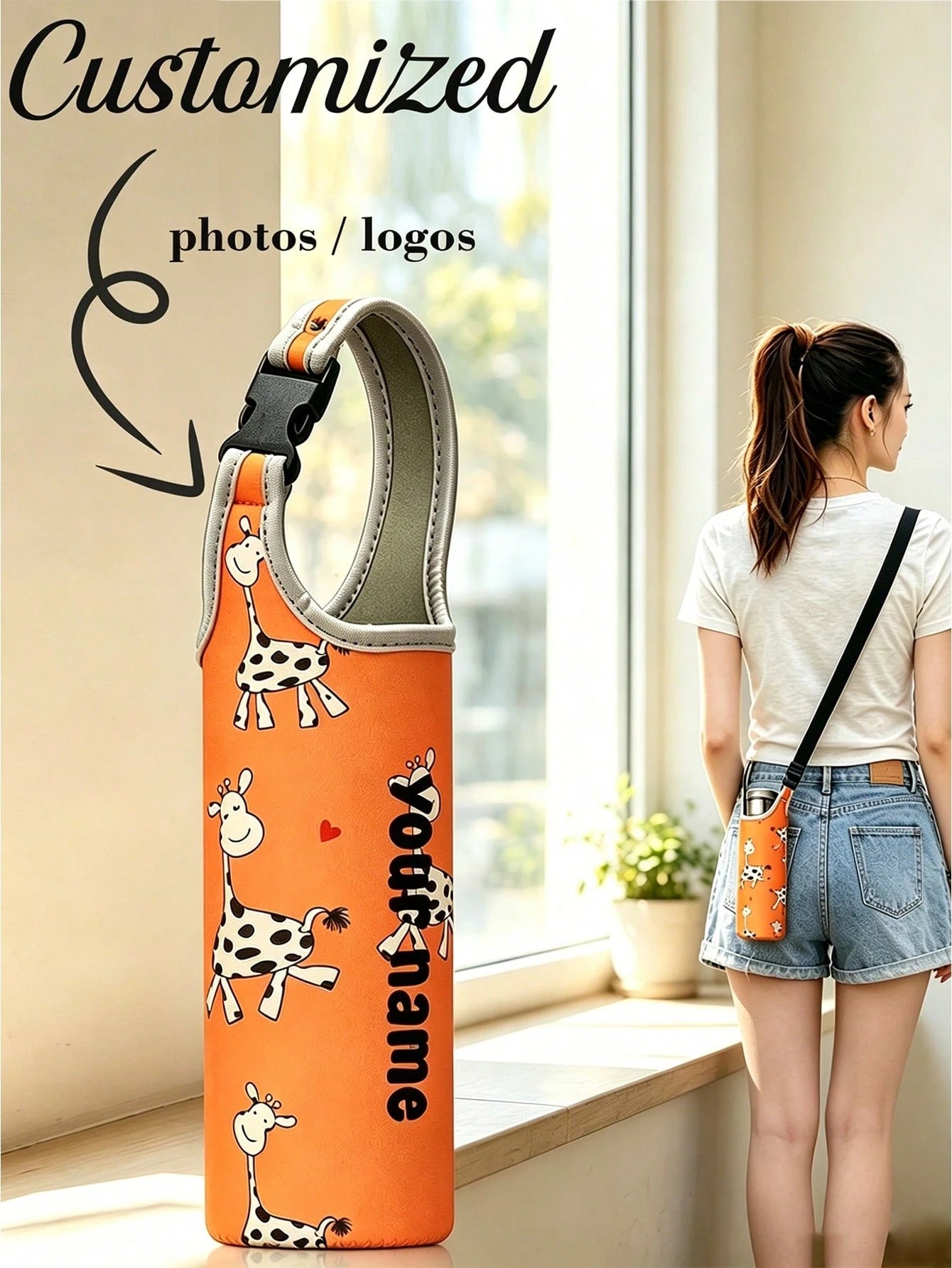 1pc Slanted Cup Sleeve, Orange Giraffe Pattern, Crossbody Or Handheld, Travel Essential, Customized Travel Name Text Neoprene Water Bottle Holder With Adjustable Strap, Fits 12oz To 40oz Stainless Ste