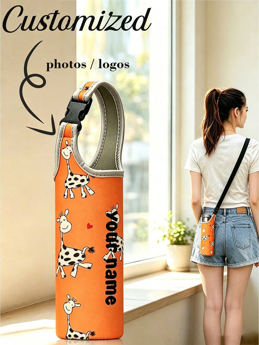 1pc Slanted Cup Sleeve, Orange Giraffe Pattern, Crossbody Or Handheld, Travel Essential, Customized Travel Name Text Neoprene Water Bottle Holder With Adjustable Strap, Fits 12oz To 40oz Stainless Ste