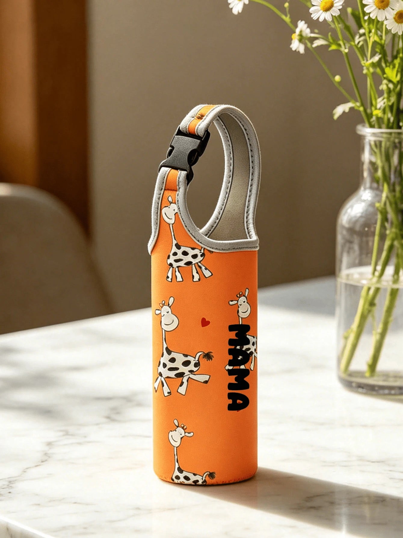 1pc Slanted Cup Sleeve, Orange Giraffe Pattern, Crossbody Or Handheld, Travel Essential, Customized Travel Name Text Neoprene Water Bottle Holder With Adjustable Strap, Fits 12oz To 40oz Stainless Ste