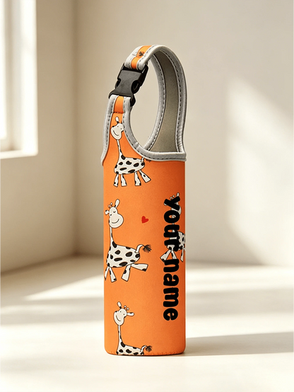 1pc Slanted Cup Sleeve, Orange Giraffe Pattern, Crossbody Or Handheld, Travel Essential, Customized Travel Name Text Neoprene Water Bottle Holder With Adjustable Strap, Fits 12oz To 40oz Stainless Ste