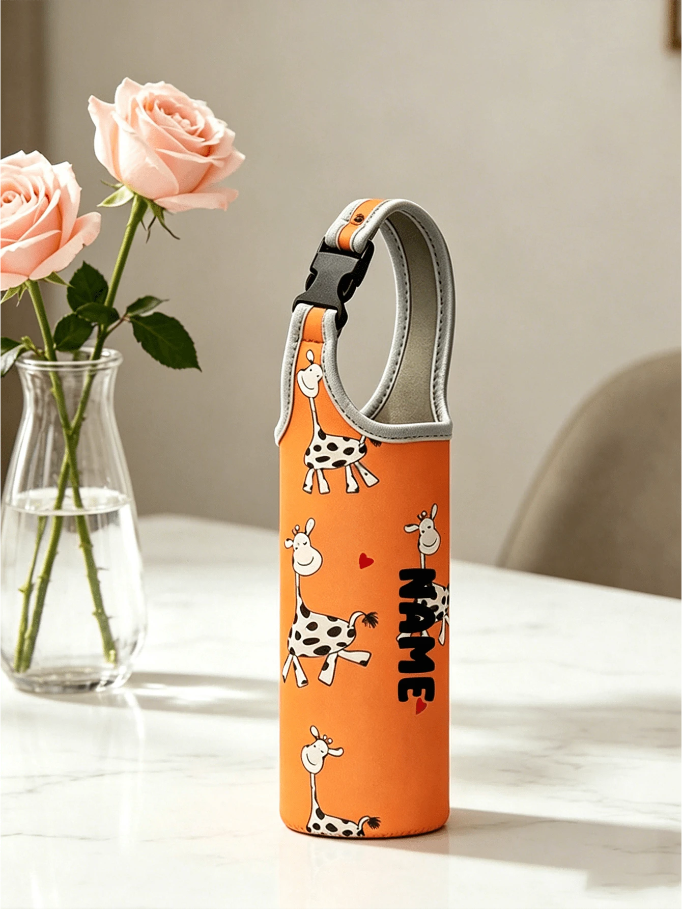 1pc Slanted Cup Sleeve, Orange Giraffe Pattern, Crossbody Or Handheld, Travel Essential, Customized Travel Name Text Neoprene Water Bottle Holder With Adjustable Strap, Fits 12oz To 40oz Stainless Ste