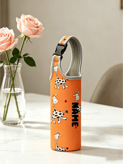 1pc Slanted Cup Sleeve, Orange Giraffe Pattern, Crossbody Or Handheld, Travel Essential, Customized Travel Name Text Neoprene Water Bottle Holder With Adjustable Strap, Fits 12oz To 40oz Stainless Ste