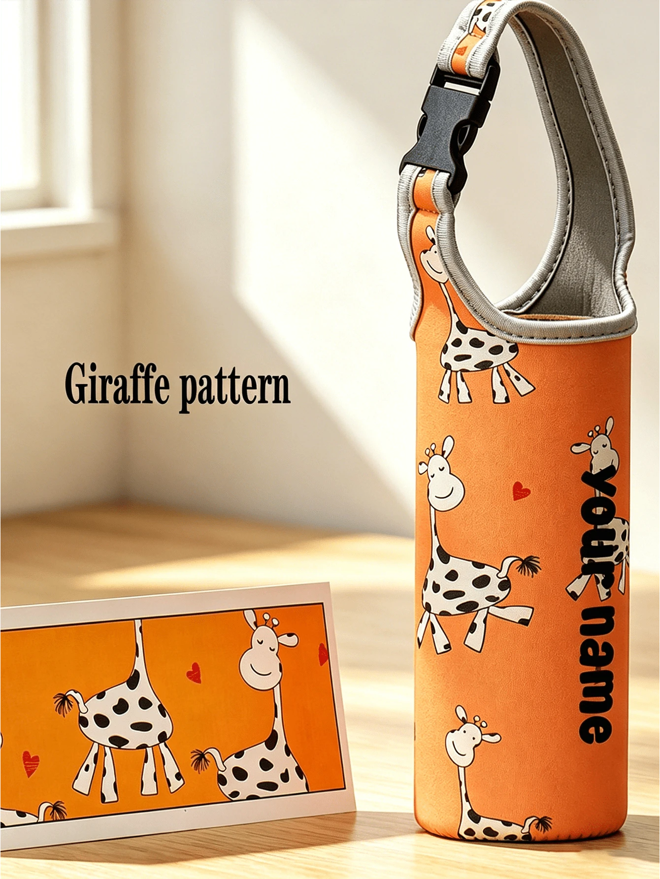 1pc Slanted Cup Sleeve, Orange Giraffe Pattern, Crossbody Or Handheld, Travel Essential, Customized Travel Name Text Neoprene Water Bottle Holder With Adjustable Strap, Fits 12oz To 40oz Stainless Ste