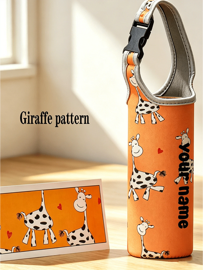 1pc Slanted Cup Sleeve, Orange Giraffe Pattern, Crossbody Or Handheld, Travel Essential, Customized Travel Name Text Neoprene Water Bottle Holder With Adjustable Strap, Fits 12oz To 40oz Stainless Ste