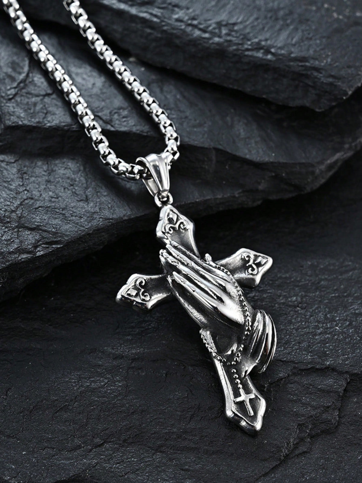 1pc Stainless Steel Praying Hand Necklace With Cross, Fashionable Men Accessory