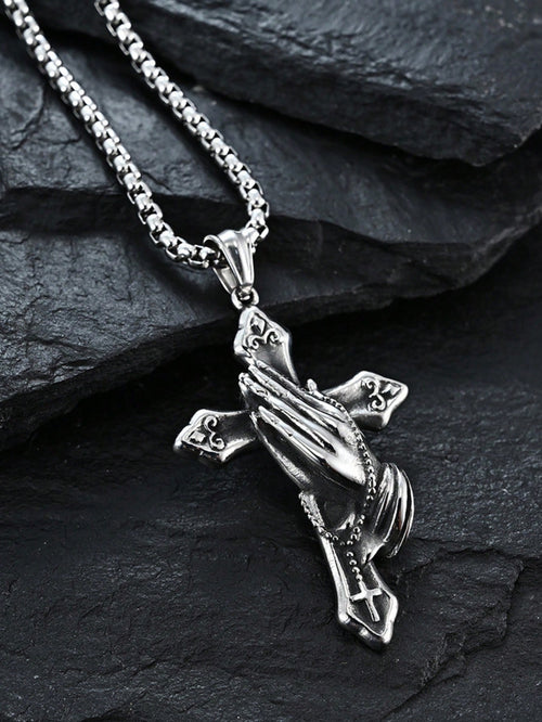 1pc Stainless Steel Praying Hand Necklace With Cross, Fashionable Men Accessory