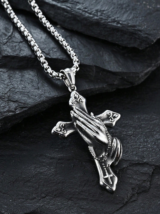 1pc Stainless Steel Praying Hand Necklace With Cross, Fashionable Men Accessory