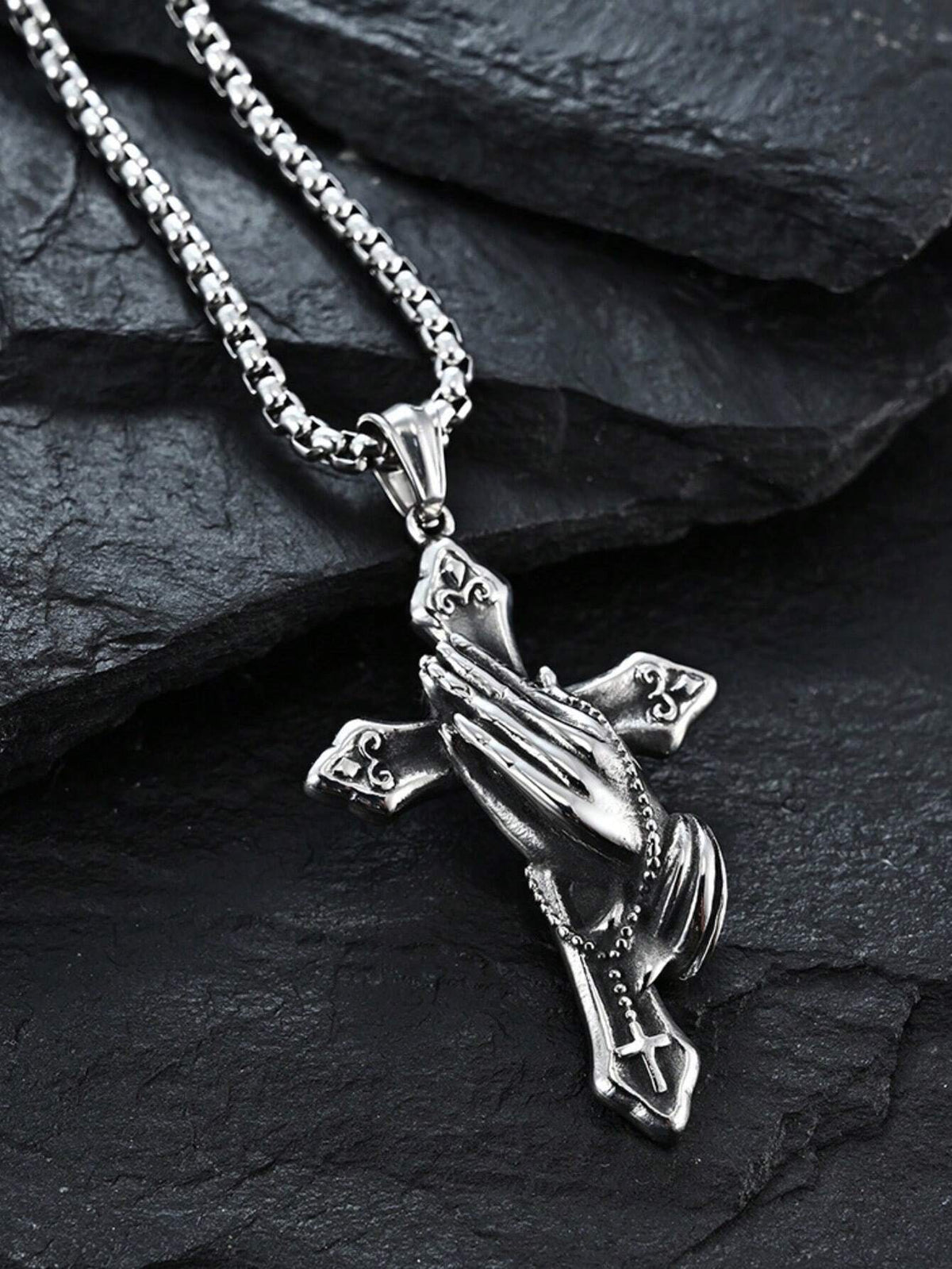 1pc Stainless Steel Praying Hand Necklace With Cross, Fashionable Men Accessory