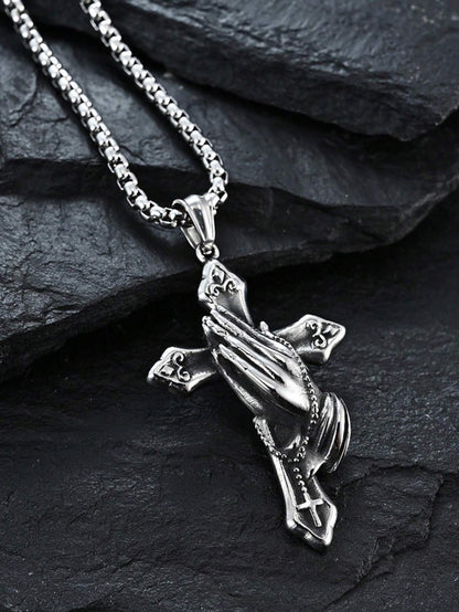 1pc Stainless Steel Praying Hand Necklace With Cross, Fashionable Men Accessory