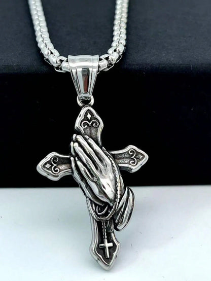 1pc Stainless Steel Praying Hand Necklace With Cross, Fashionable Men Accessory