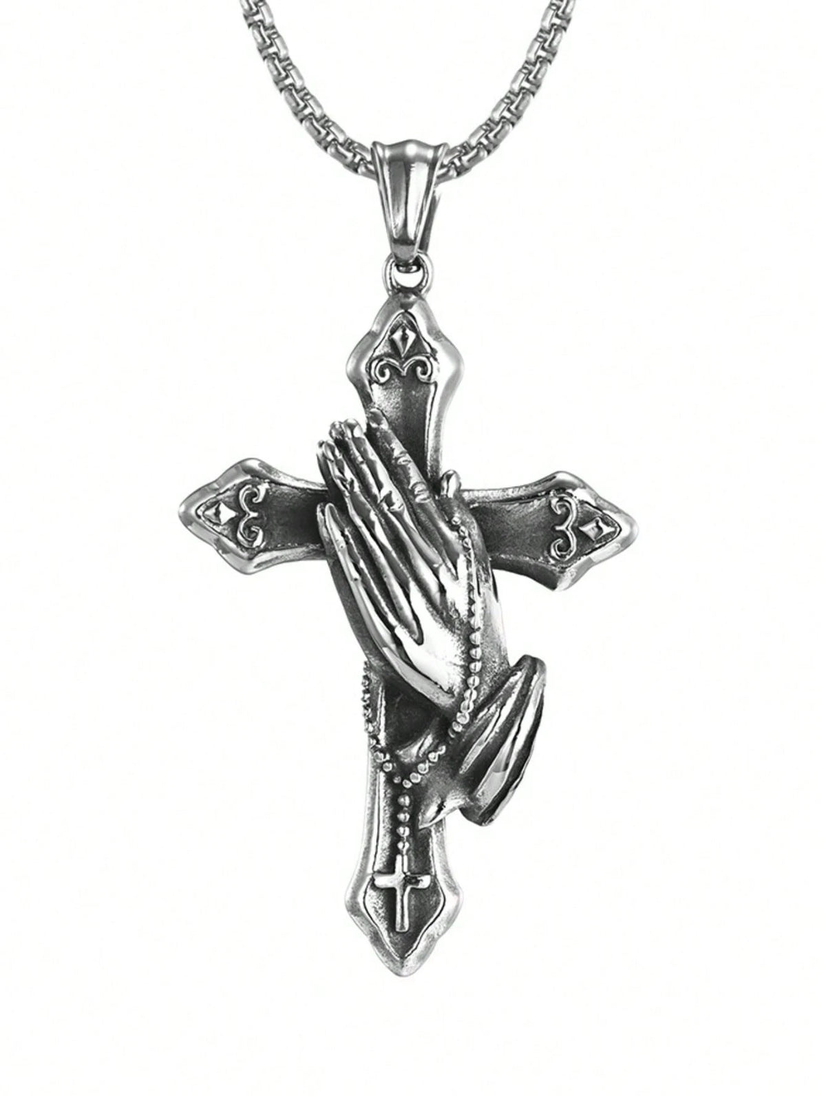 1pc Stainless Steel Praying Hand Necklace With Cross, Fashionable Men Accessory